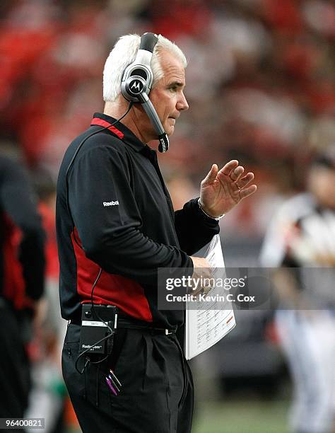 Head coach Mike Smith of the Atlanta Falcons against the Buffalo Bills at Georgia Dome on December 27, 2009 in Atlanta, Georgia.