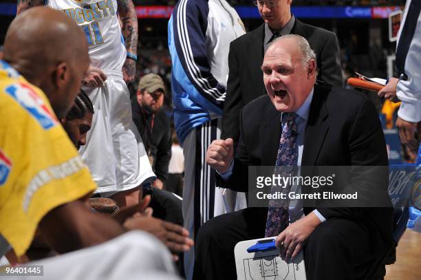 Head coach George Karl of the Denver Nuggets talks to his team during a time out against the Phoenix Suns on February 3, 2010 at the Pepsi Center in...