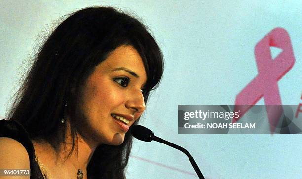 Indian Bollywood film actress Saloni Aswani addresses a breast cancer screening intiative programme at the KIMS Ushalakshmi Breast Centre on World...