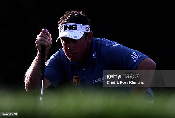 Lee Westwood of England on the 11th green during the first round the Omega Dubai Desert Classic on the Majlis Course at the Emirates Golf Club on...