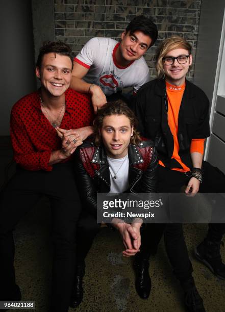 Aston Irwin, Luke Hemmings, Calum Hood and Michael Clifford of Five Seconds Of Summer pose during a photo shoot in Sydney, New South Wales.