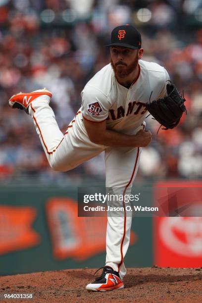 Sam Dyson of the San Francisco Giants pitches against the Colorado Rockies during the seventh inning at AT&T Park on May 20, 2018 in San Francisco,...
