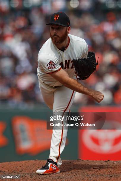 Sam Dyson of the San Francisco Giants pitches against the Colorado Rockies during the seventh inning at AT&T Park on May 20, 2018 in San Francisco,...