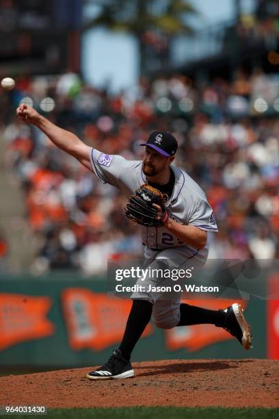 Bryan Shaw of the Colorado Rockies pitches against the San Francisco Giants during the sixth inning at AT&T Park on May 20, 2018 in San Francisco,...