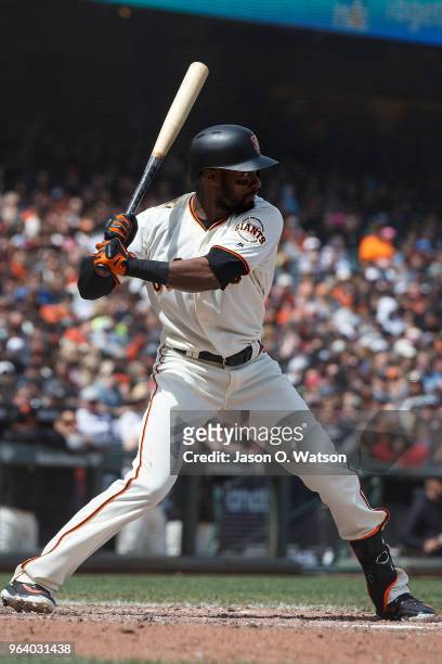 Austin Jackson of the San Francisco Giants at bat against the Colorado Rockies during the sixth inning at AT&T Park on May 20, 2018 in San Francisco,...