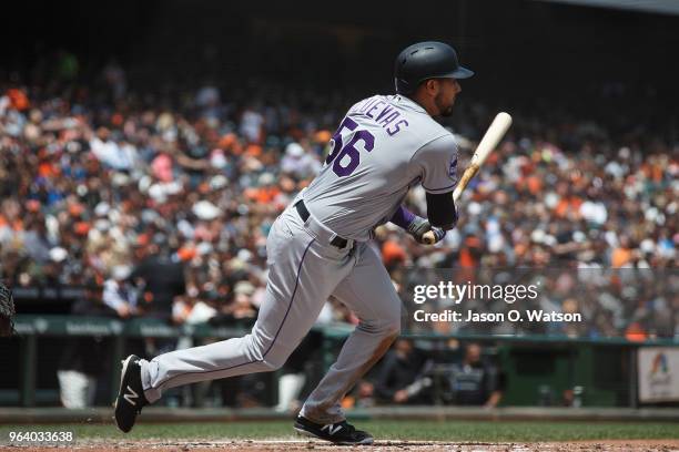 Noel Cuevas of the Colorado Rockies at bat against the San Francisco Giants during the fourth inning at AT&T Park on May 20, 2018 in San Francisco,...