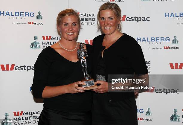 New Zealand rowing champions Georgina Earle and Caroline Meyer win the Winner of the Decade award during the 2009 Halberg Awards at Sky City on...