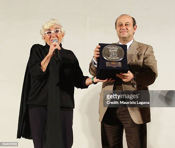 Lina Wertmuller receives Mediterranea Award by Giuseppe Sidari municipal councilor at Cinema Odoen during Reggio Calabria FilmFest on February 3,...
