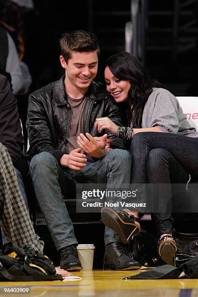 Zac Efron and Vanessa Hudgens attend a game between the Charlotte Bobcats and the Los Angeles Lakers at Staples Center on January on February 3, 2010...