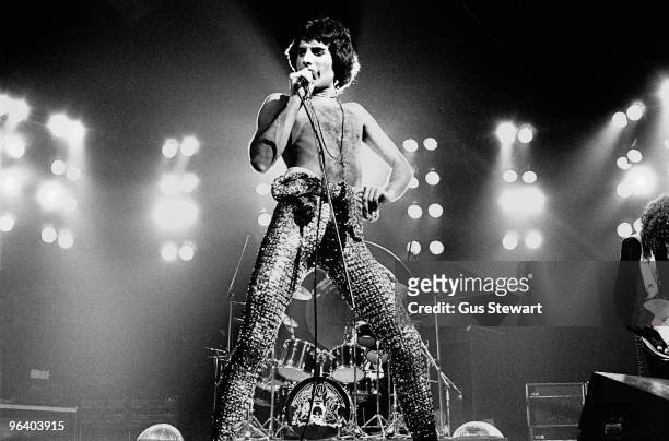 Freddie Mercury of Queen performs on stage at Earls Court on June 6th 1977 in London.