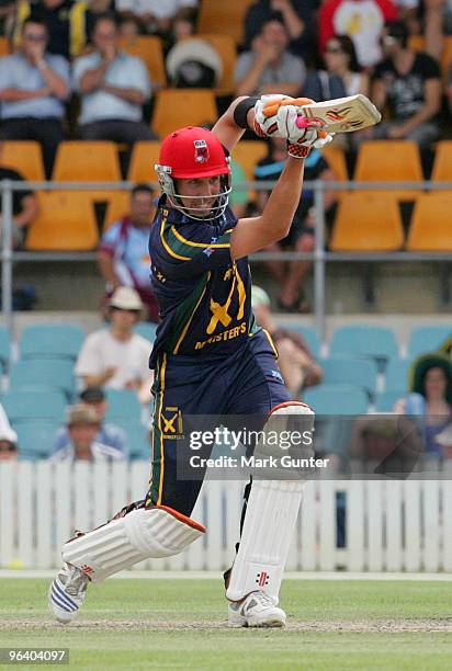 Tom Cooper playing for Australia bats towards his century during the one day tour match between the Prime Minister's XI and the West Indies, at...