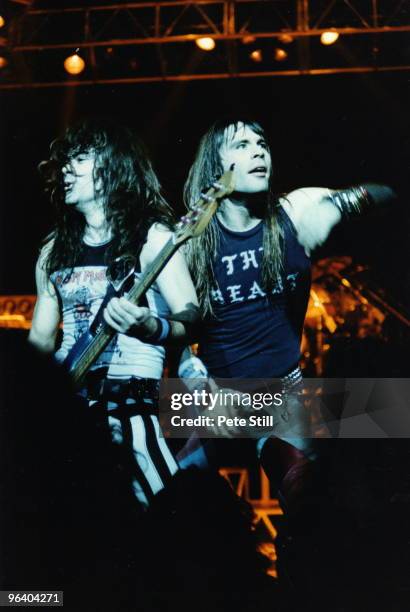 Steve Harris and Bruce Dickinson of Iron Maiden perform on stage at Hammersmith Odeon on May 26th, 1983 in London United Kingdom.