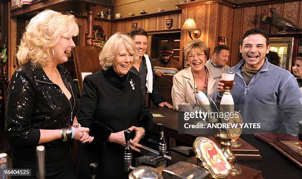 Camilla, The Duchess of Cornwall meets actors Beverly Callard, who plays landlady Liz McDonald , Anne Kirkbride, who plays the role of Deirdre Barlow...