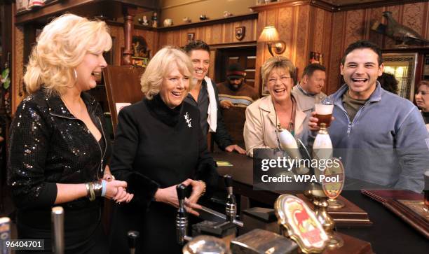 Camilla, The Duchess of Cornwall meets actors Beverly Callard, who plays landlady Liz McDonald , Anne Kirkbride, who plays the role of Deirdre Barlow...