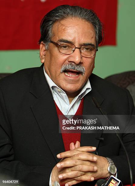 Unified Communist Party of Nepal chairman, Pushpa Kamal Dahal, also known as 'Prachanda' addresses a press conference in Kathmandu on February 4,...
