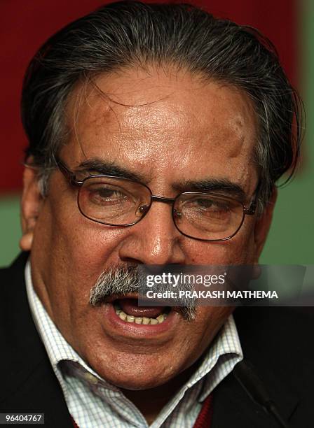 Unified Communist Party of Nepal chairman, Pushpa Kamal Dahal, also known as 'Prachanda' addresses a press conference in Kathmandu on February 4,...