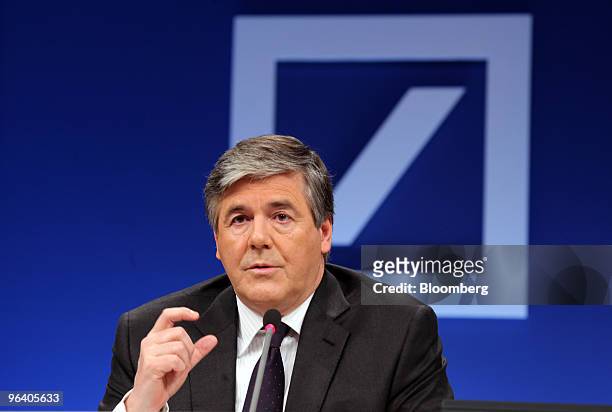 Josef Ackermann, chief executive officer of Deutsche Bank AG, gestures while speaking at a news conference in Frankfurt, Germany, on Thursday, Feb....