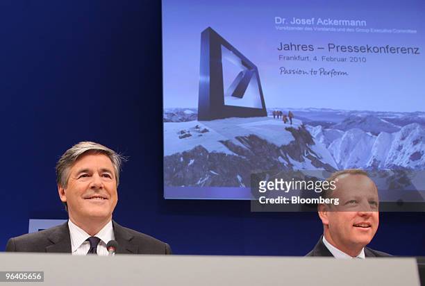 Josef Ackermann, chief executive officer of Deutsche Bank AG, left, and Stefan Krause, chief financial officer of Deutsche Bank AG, arrive for a news...
