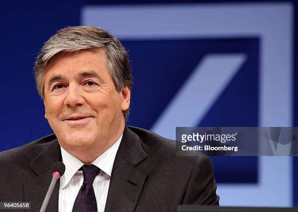 Josef Ackermann, chief executive officer of Deutsche Bank AG, reacts at a news conference in Frankfurt, Germany, on Thursday, Feb. 4, 2010. Deutsche...