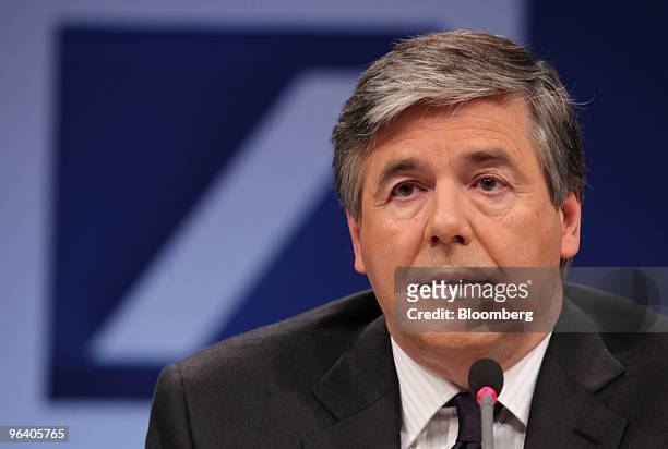 Josef Ackermann, chief executive officer of Deutsche Bank AG, speaks at a news conference in Frankfurt, Germany, on Thursday, Feb. 4, 2010. Deutsche...