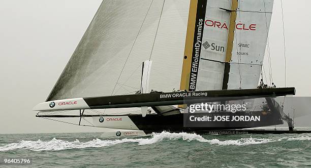 Challenger Oracle giant trimaran sails on February 04, 2010 during a training session off Valencia's coast. Swiss defender Alinghi is to face US...