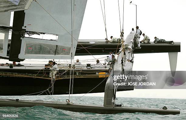 Challenger Oracle giant trimaran sails on February 04, 2010 during a training session off Valencia's coast. Swiss defender Alinghi is to face US...