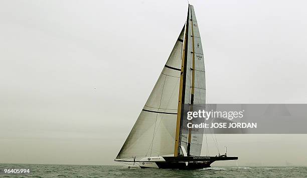 Challenger Oracle giant trimaran sails on February 04, 2010 during a training session off Valencia's coast. Swiss defender Alinghi is to face US...