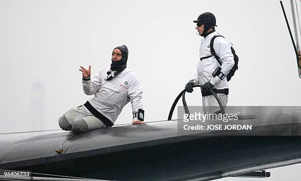 Australia's helmsman James Spithill steers US challenger Oracle giant trimaran during a training session off Valencia's coast on February 04, 2010....