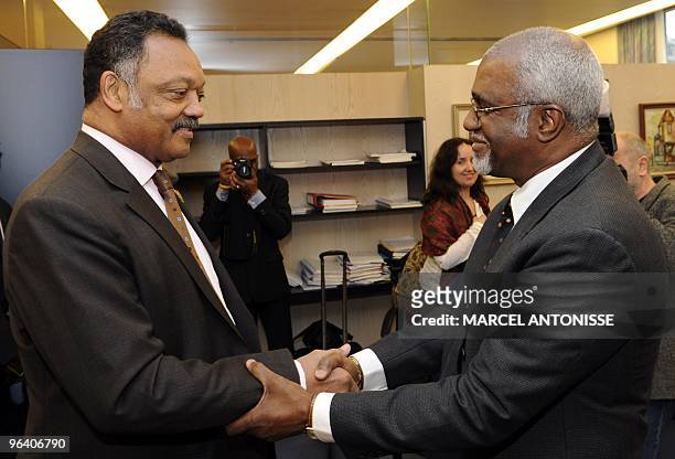 Reverend Jesse Jackson meets Patrick Robinson, president of the International Criminal Tribunal for the former Yugoslavia at the Tribunal in The...
