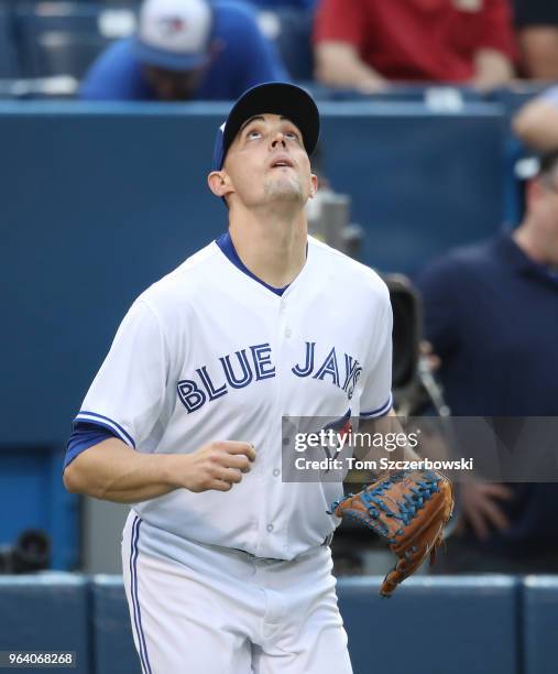 Aaron Sanchez of the Toronto Blue Jays looks up to the sky as he takes to the field to pitch the first inning during MLB game action against the Los...