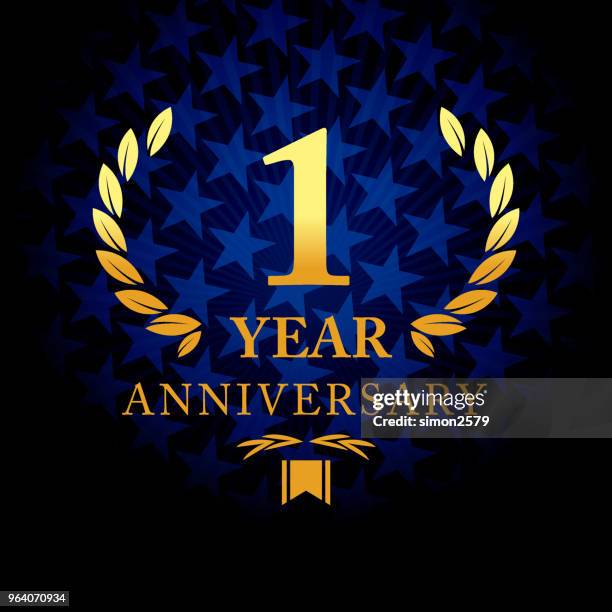 einjähriges jubiläum symbol mit blauer farbe sternförmig hintergrund - one year anniversary stock-grafiken, -clipart, -cartoons und -symbole