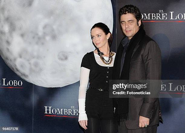 Actors Emily Blunt and Benicio del Toro attend a photocall for 'El Hombre Lobo' at the Santo Mauro Hotel on February 4, 2010 in Madrid, Spain.