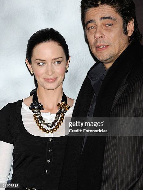 Actors Emily Blunt and Benicio del Toro attend a photocall for 'El Hombre Lobo' at the Santo Mauro Hotel on February 4, 2010 in Madrid, Spain.