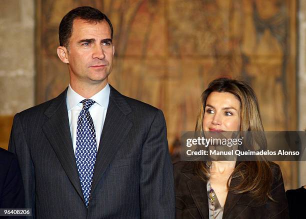 Prince Felipe of Spain and Princess Letizia of Spain attend 'Rey Jaime I Awards' at Lonja de los Mercaderes on February 4, 2010 in Valencia, Spain.