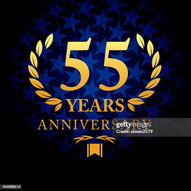 fifty five year anniversary icon with blue color star shape background - number 55 stock illustrations