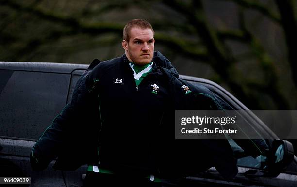 Wales prop Gethin Jenkins puts on his coat after being ruled out of Saturday's RBS 6 nations game against England because of injury during Wales...