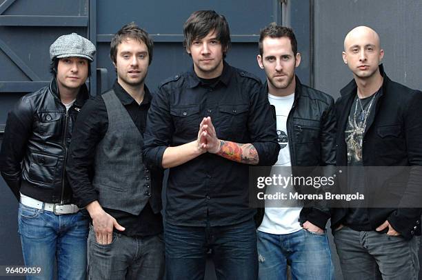 Chuck Comeau, Jeff Stinco, Pierre Bouvier, Sebastian Lefebvre and David Desrosiers of Simple Plan "Scalo 76" Italian tv show on February 02, 2008 in...