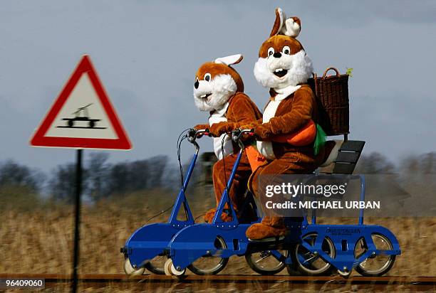 Two men disguised as Easter Bunnies take a ride on a so-called draisine rail vehicle on March 17, 2008 at the adventure train in Mellensee, eastern...