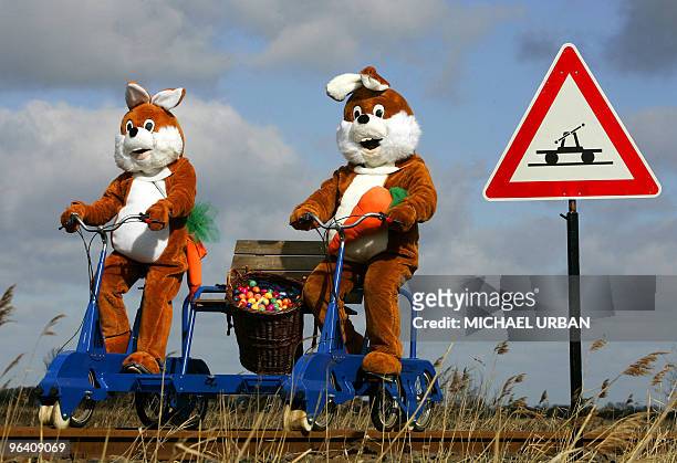 Two men disguised as Easter Bunnies take a ride on a so-called draisine rail vehicle on March 17, 2008 at the adventure train in Mellensee, eastern...