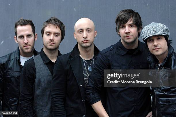 Chuck Comeau, Jeff Stinco, Pierre Bouvier, Sebastian Lefebvre and David Desrosiers of Simple Plan "Scalo 76" Italian tv show on February 02, 2008 in...