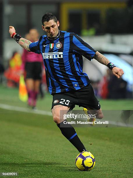 Marco Materazzi of Internazionale Milan in action during the first leg semifinal Tim Cup between FC Internazionale Milano and ACF Fiorentina at...