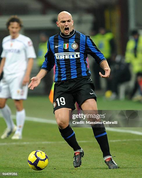 Esteban Cambiasso of Internazionale Milan reacts during the first leg semifinal Tim Cup between FC Internazionale Milano and ACF Fiorentina at Stadio...