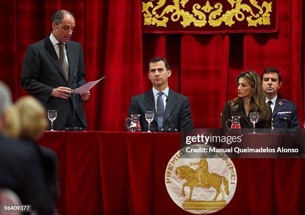 Prince Felipe of Spain and Princess Letizia of Spain and Francisco Camps President of Comunitat Valenciana attend 'Rey Jaime I Awards' at Lonja de...