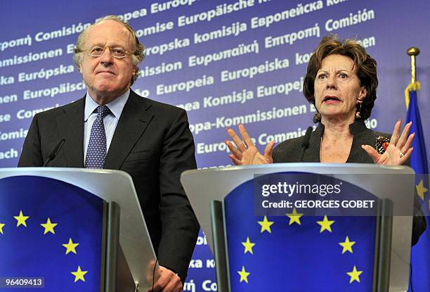 Commissioner for Competiton Neelie Kroes and Chief Executive Officer of Italian compagny ENI Paolo Scaroni give a press conference on February 4,...