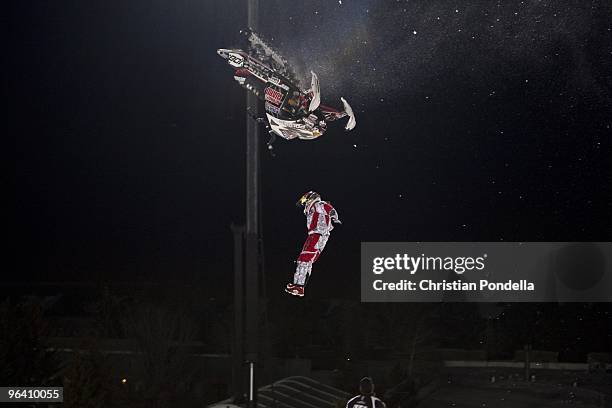 Levi LaValle takes a big crash and walks away during copmetition in Snowmobile Freestyle Elimination at the Winter X Games 14 at Buttermilk Mountain...