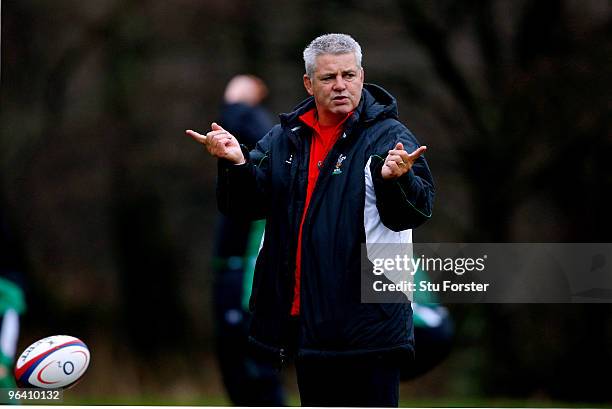 Wales coach Warren Gatland looks on during Wales Rugby Union training at The Vale of Glamorgan on February 4, 2010 in Cardiff, Wales.