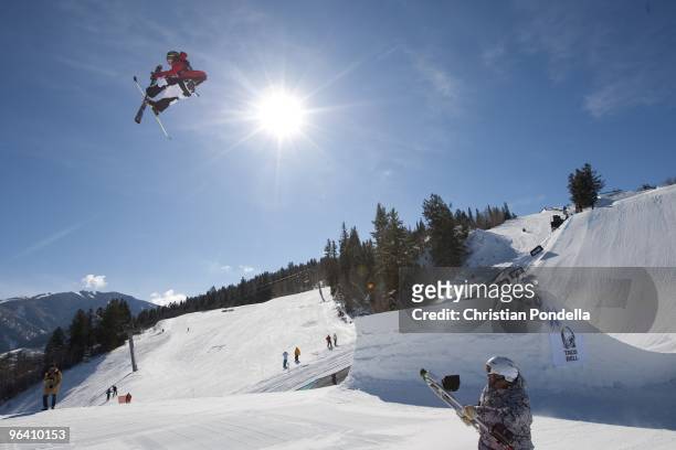 Sammy Carlson practices Men's Ski Slopestyle at the Winter X Games 14 at Buttermilk Mountain on January 28, 2010 in Aspen, Colorado.