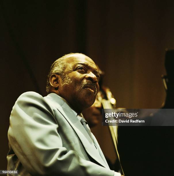 American jazz pianist and composer Count Basie performs live on stage during a performance at the Carnegie Hall as part of the Newport Jazz Festival...