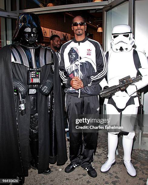 Rapper Snoop Dogg & Darth Vader and Stormtroopers launch the Adidas Originals X Star Wars Collection at Foot Locker Times Square on February 4, 2010...