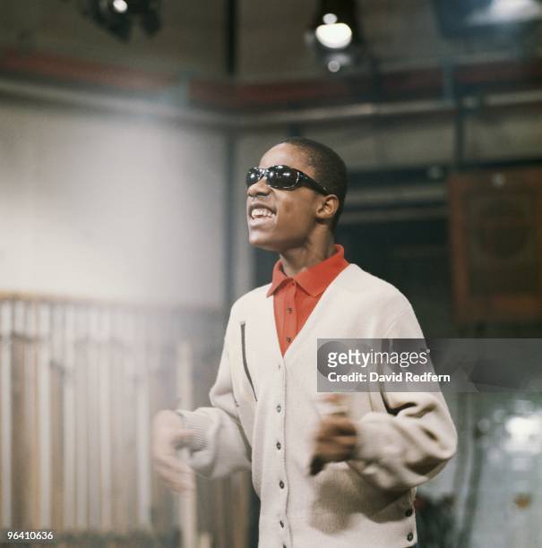 American singer, songwriter, musician and record producer Stevie Wonder performs on the Rediffusion TV show 'Ready Steady Go!' at Television House on...